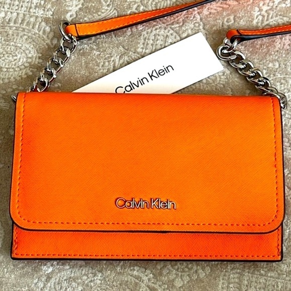 Brand New Calvin Klein Orange Wallet Organizer Crossbody Purse Silver Tone Chain - Picture 3 of 16